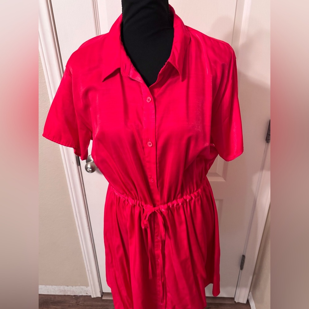 Nine West silky dress Large Pink Satin Shirt dress button up waist tie collared